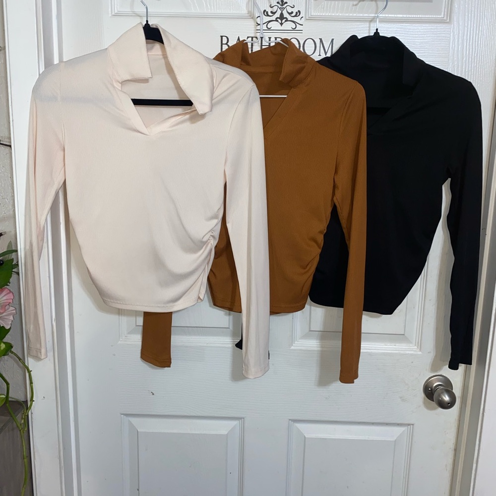 Elegant Women's Long Sleeve Tops - Cream, Brown, and Black